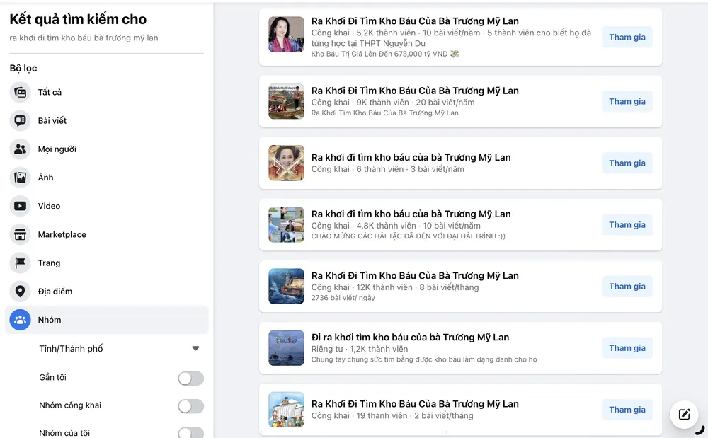 Rất nhiều fanpage trên Facebook với tiêu đề "Ra khơi đi tìm kho báu của bà Trương Mỹ Lan" với hàng chục ngàn người tham gia. Ảnh: ĐẶNG LÊ ra khơi tìm kho báu