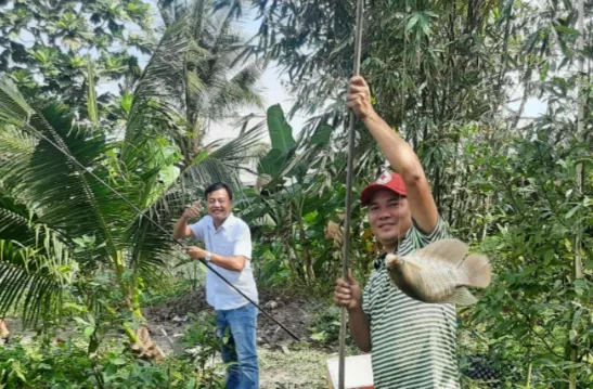 Hứng khởi khi câu được con cá tai tượng bằng hai bàn tay. Ảnh: TRẦN BÌNH Hứng khởi khi câu được con cá tai tượng bằng hai bàn tay. Ảnh: TRẦN BÌNH