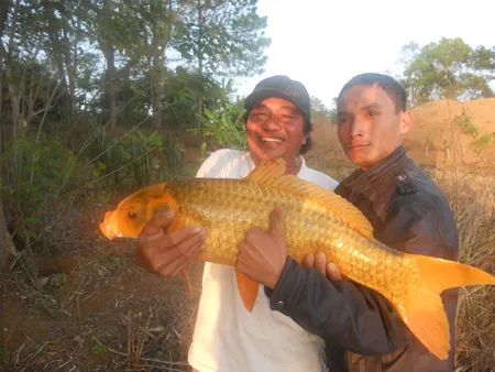 Anh Việt (bên trái) chụp ảnh cùng con cá