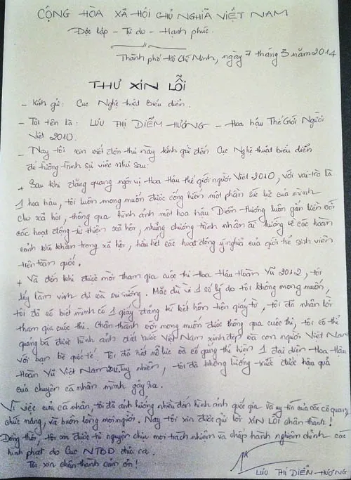 Bản chụp lá thư viết tay mà Hoa hậu Diễm Hương gửi Cục Nghệ thuật Biểu diễn. 2-JPG-3053-1396064319.jpg