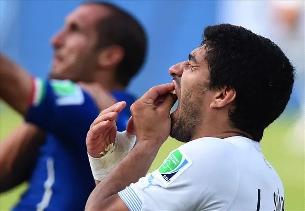 Sau khi cắn vào vai Chiellini, Suarez còn lăn ra giả vờ đau đớn. Hành động này sẽ là tình tiết tăng nặng cho án phạt đối với tiền đạo này. Ảnh: Getty Images.