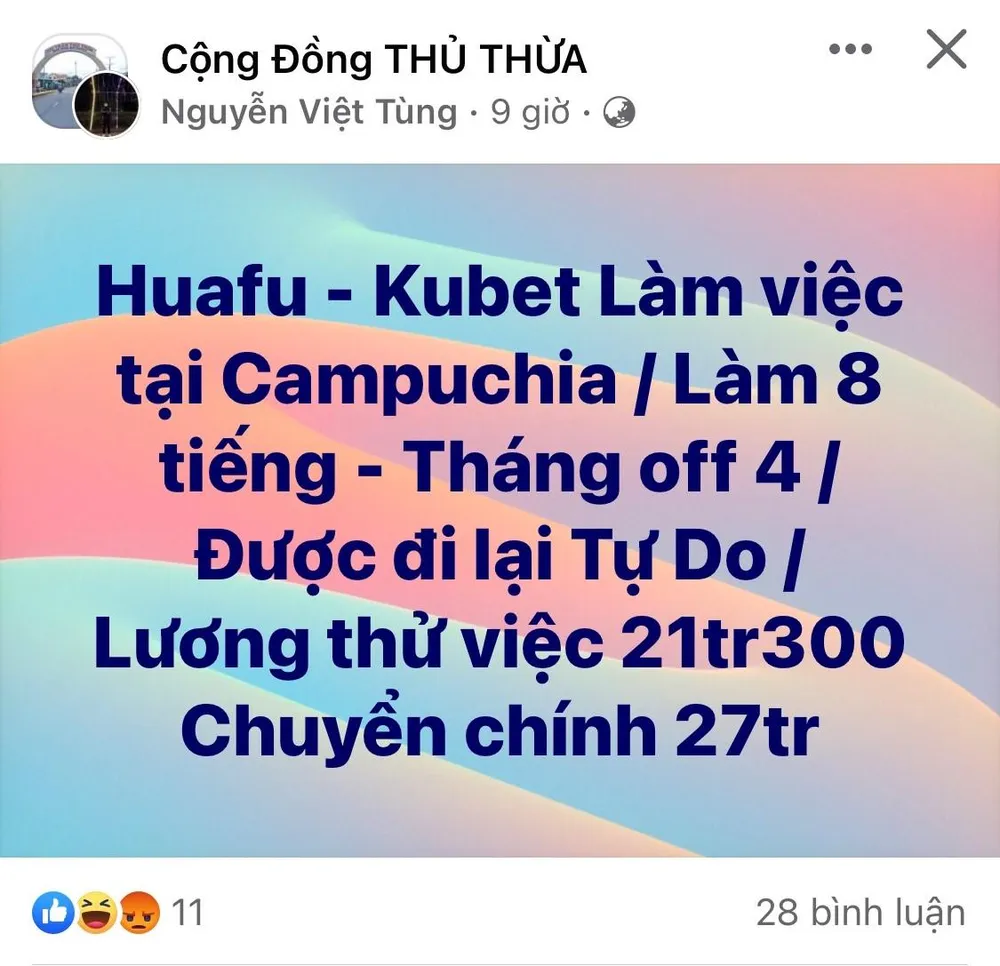 Những lời mời gọi đi làm việc ở Campuchia ở các trang mạng xã hội. Ảnh:HD
