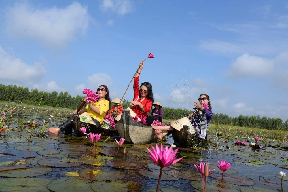 Làng nổi Tân Lập được nhiều du khách đến tham quan khi mùa hoa súng nở. Ảnh: HOÀNG THÁI