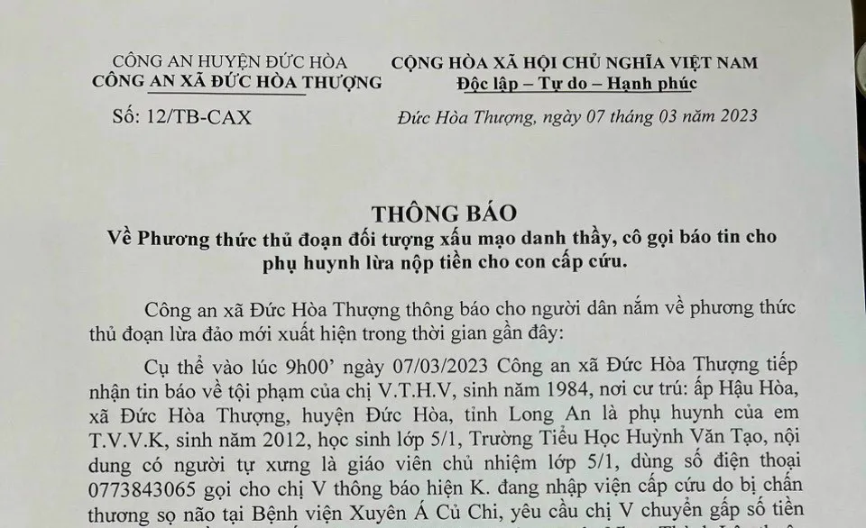 Công an xã Đức Hòa Thượng thông báo đến người dân nhằm để kịp thời phòng chống và ngăn chặn loại tội phạm này. Ảnh: CACC