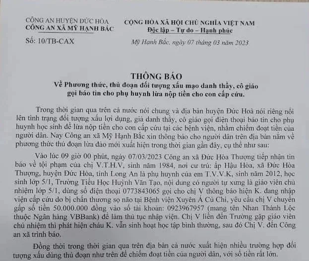 Công an địa phương các xã trên địa bàn huyện Đức Hòa thông báo đến người dân về trường hợp lừa đảo gọi điện nói con đang cấp cứu. Ảnh: CACC