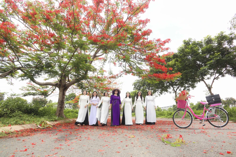 Cô Kim Anh và các học trò của mình lưu lại những bức ảnh đẹp của mùa hoa phượng.