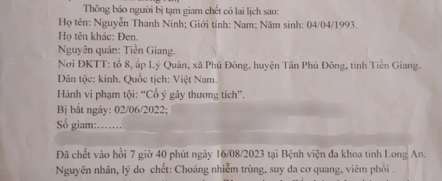Thông báo của Công an huyện Bến Lức gửi đến anh Lại Trần Nhất Tâm. Ảnh: NVCC