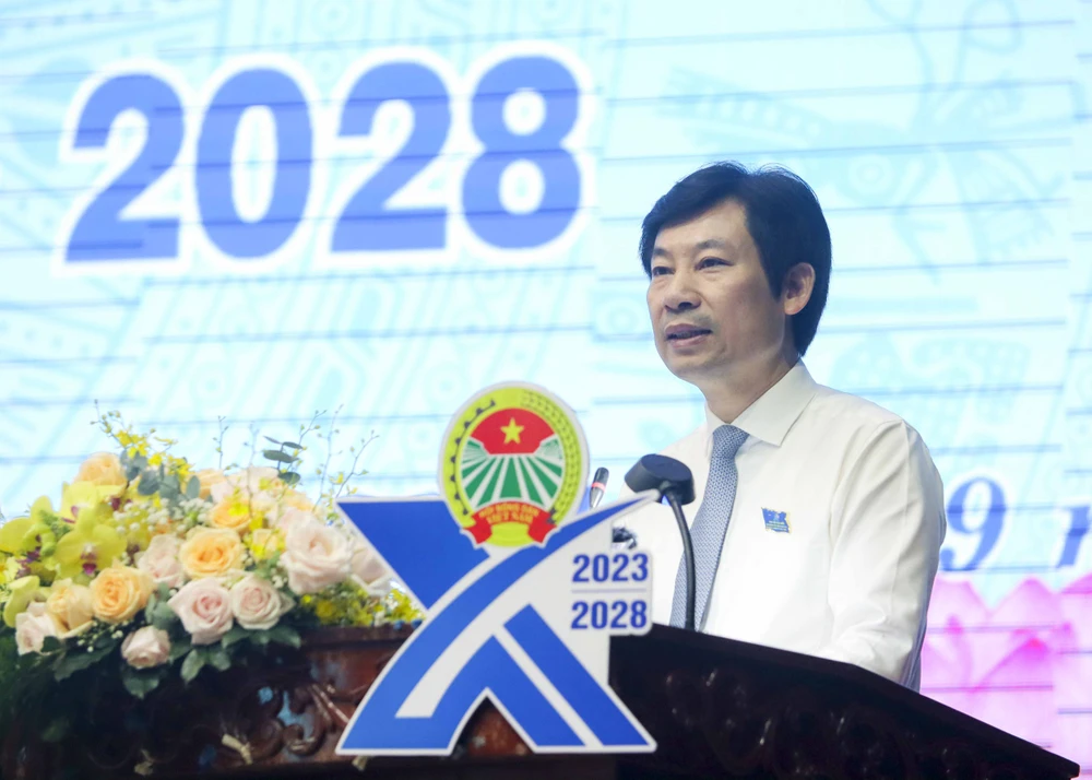 Phó Chủ tịch Hội Nông dân Việt Nam Nguyễn Xuân Định phát biểu tại Đại hội. Ảnh: HUỲNH DU IMG_3222.JPG