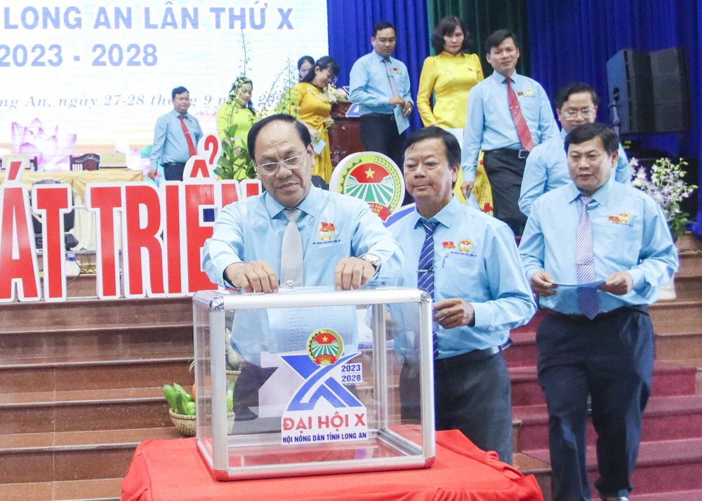 Các đại biểu bỏ phiếu bầu BCH Hội Nông dân Long An khóa X. Ảnh: HUỲNH DU IMG_3407.JPG