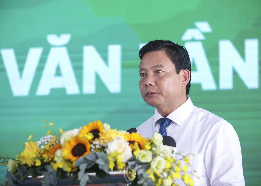 Phó Chủ tịch UBND tỉnh - Phạm Tấn Hòa phát biểu tại lễ khởi công trường THPT Võ Văn Tần. Ảnh:HD Khởi công trường THPT Võ Văn Tần (7).JPG