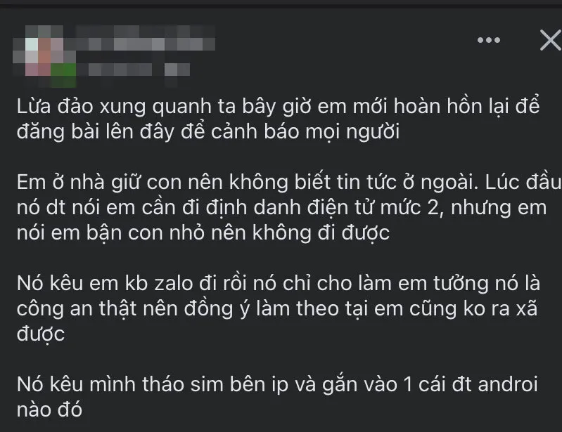 Chị L.H.K chia sẻ thông tin trên mạng xã hội về việc bị lừa đảo cập nhật VNeID. Ảnh: MXH Cập nhật tài khoản VNeID (7).jpeg.jpg