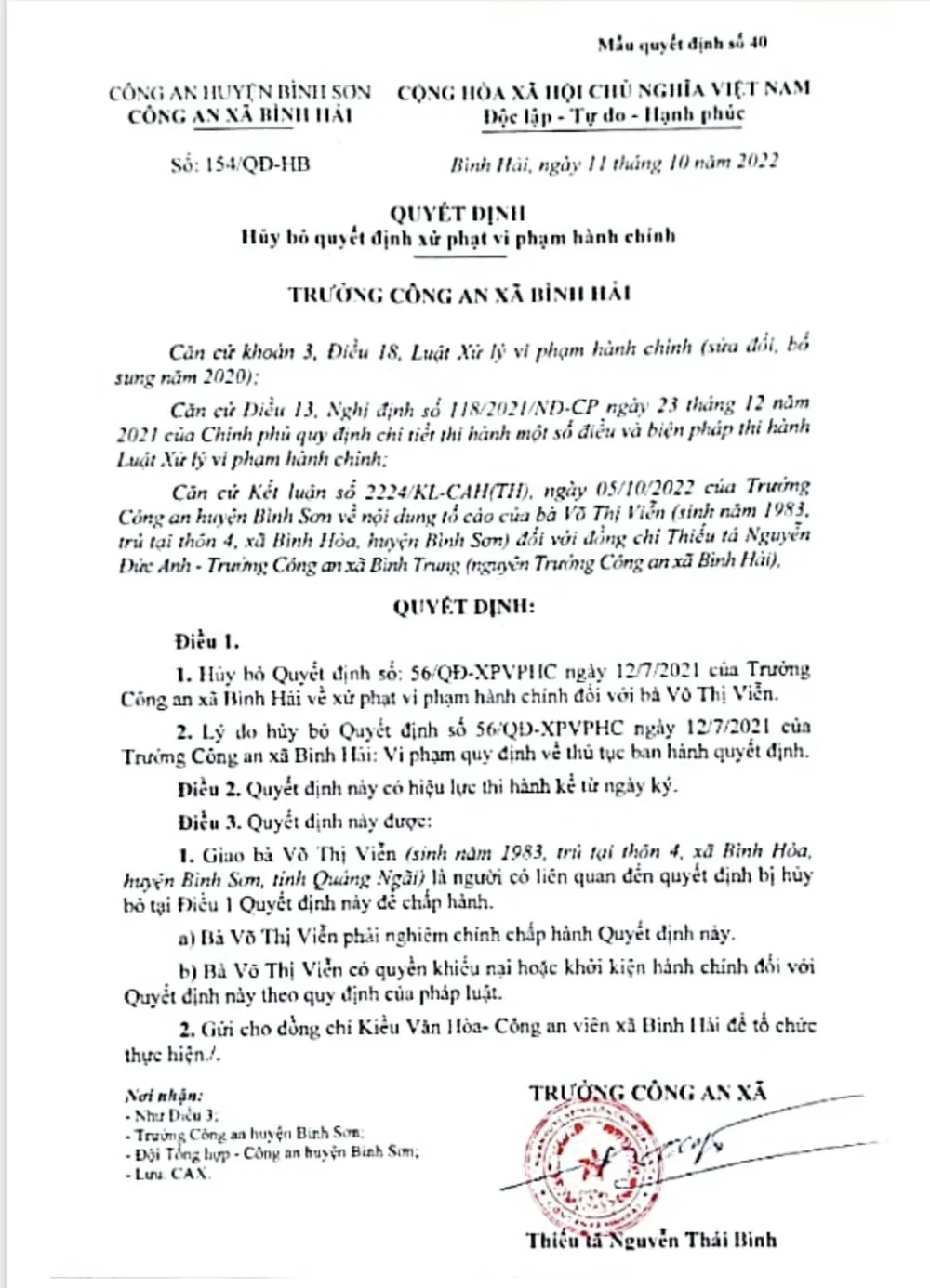 Quyết định hủy bỏ quyết định xử phạt bà Viễn. Ảnh: HẢI HIẾU Quyết định hủy bỏ quyết định xử phạt bà Viễn. Ảnh: HẢI HIẾU