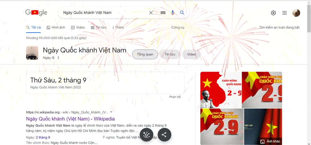 Khi nhấn vào biểu tượng chim Lạc, giao diện của Google sẽ giới thiệu tổng quan về ngày Quốc Khánh Việt Nam, đại diện là hình ảnh Chủ tịch Hồ Chí Minh đọc bản Tuyên ngôn độc lập tại Quảng trường Ba Đình (Ảnh chụp màn hình).