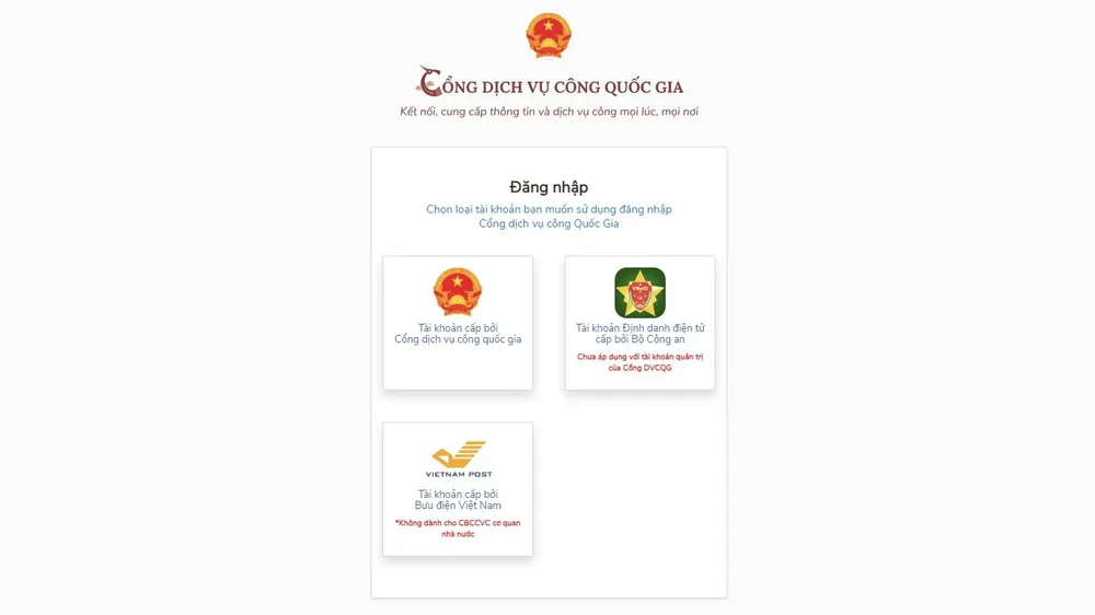 Chọn loại tài khoản đăng nhập/đăng ký tài khoản Cổng dịch vụ công quốc gia