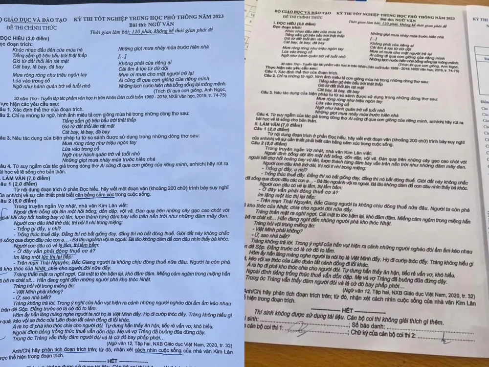 Đề môn Ngữ văn của Bộ GD&ĐT (trái) và đề lan truyền trên mạng (bên phải). Ảnh: TL Đề môn Ngữ văn của Bộ GD&ĐT (trái) và đề lan truyền trên mạng (bên phải). Ảnh: TL