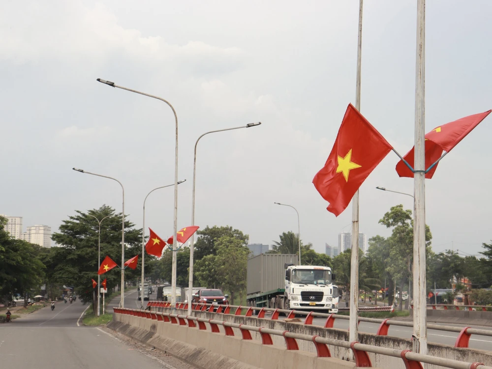 Những lá cờ tung bay trên cầu Xóm Củi (thuộc tuyến đường Nguyễn Văn Linh). Ảnh: TRẦN MINH