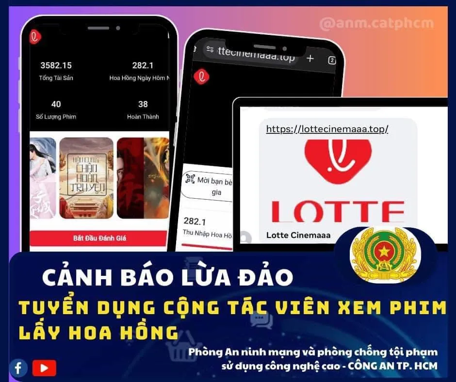 Đây là thủ đoạn lừa đảo tuyển dụng cộng tác viên online kiếm tiền trực tuyến đã cũ, các đối tượng chỉ thay đổi chủ thể, giả mạo rạp chiếu phim để đánh lừa nạn nhân. Ảnh: CA Giả mạo rạp chiếu phim.jpeg