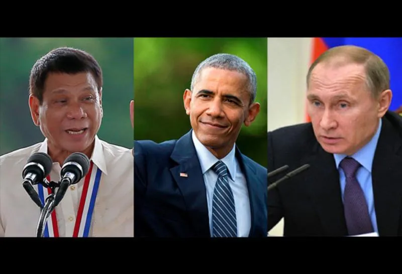 Tổng thống Duterte (trái) thẳng thừng rằng ông thích Tổng thống Nga Putin (phải) hơn Tổng thống Obama (giữa). 
