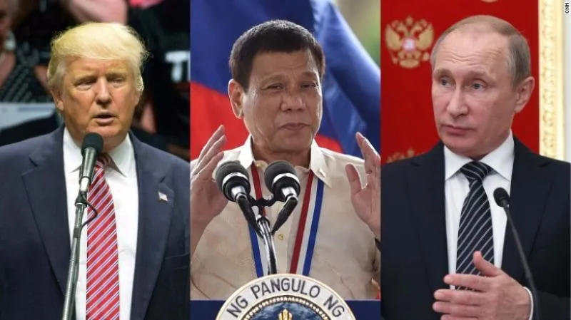 Ông Duterte (giữa) từng nói ông thích ông Putin (phải) hơn ông Obama, và được ví như là Trump (trái)-ứng viên tổng thống Mỹ-của châu Á. 