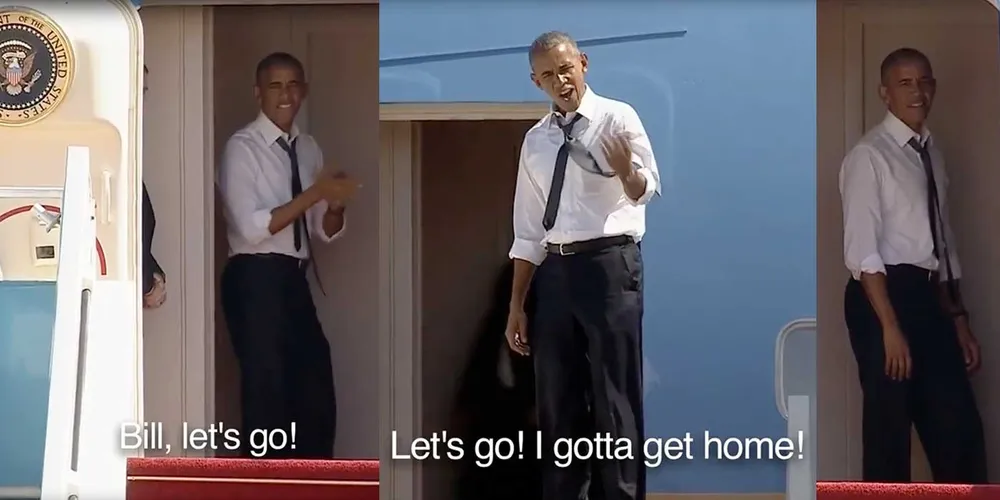 Tổng thống Obama đứng trên cầu thang nôn nóng gọi cựu Tổng thống Clinton lên chuyên cơ về Mỹ.