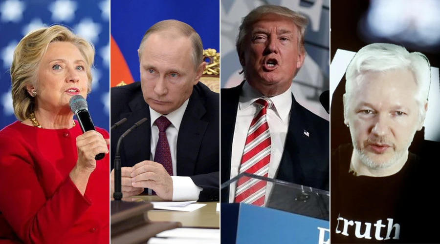ứng viên tổng thống Dân chủ Clinton, Tổng thống Nga Putin, ứng viên tổng thống Cộng hòa Trump, người sáng lập Wikileaks Julian Assange. 