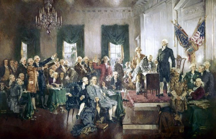 Lễ ký thông qua Hiến pháp Mỹ năm 1787 giữa George Washington, Benjamin Franklin và Thomas Jefferson.