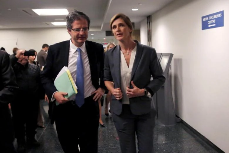 (Từ trái qua): Hai đại sứ Pháp và Mỹ tại LHQ Francois Delattre và Samantha Power. Ảnh: REUTERS 
