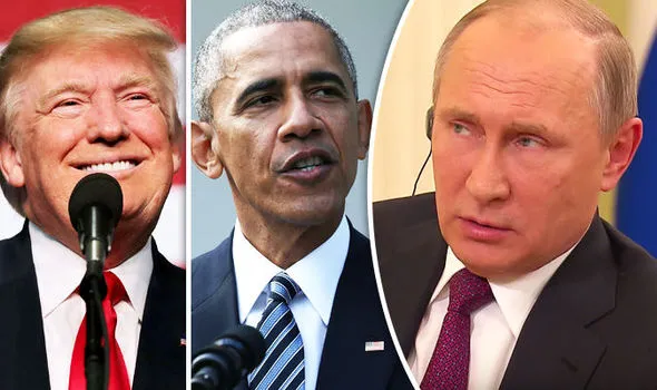 Ông Trump (trái) có thể thay đổi lệnh trừng phạt Nga của Tổng thống Obama (giữa), Tổng thống Nga Putin bên phải. Ảnh: DAILY EXPRESS