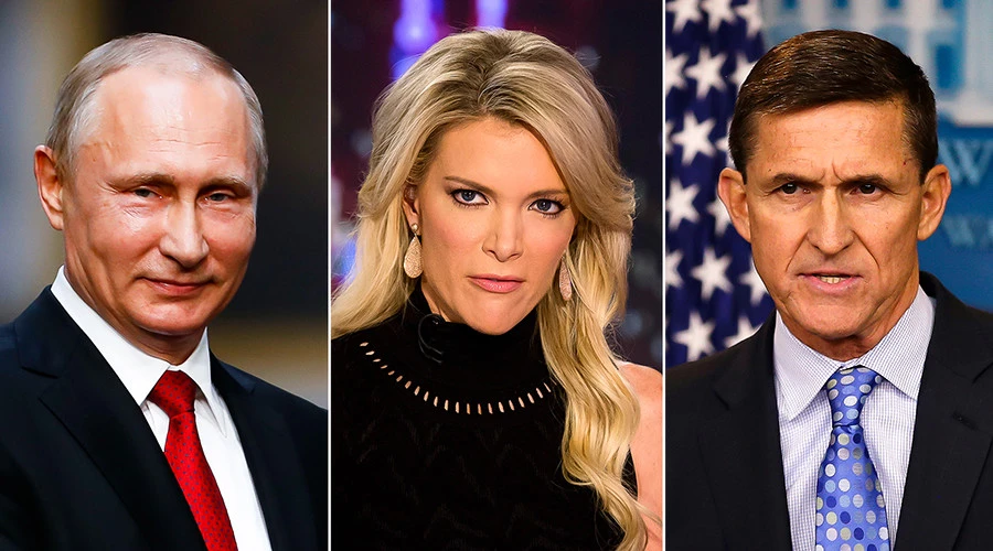 Tổng thống Nga Putin (trái), nhà báo Megyn Kelly (giữa), và ông Michael Flynn (phải). Ảnh: REUTERS