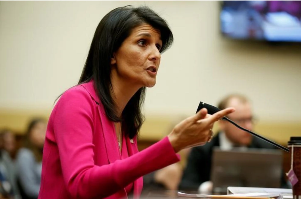 Đại sứ Mỹ tại LHQ Nikki Haley trong cuộc điều trần trước Ủy ban Đối ngoại Hạ viện ngày 28-6. Ảnh: REUTERS