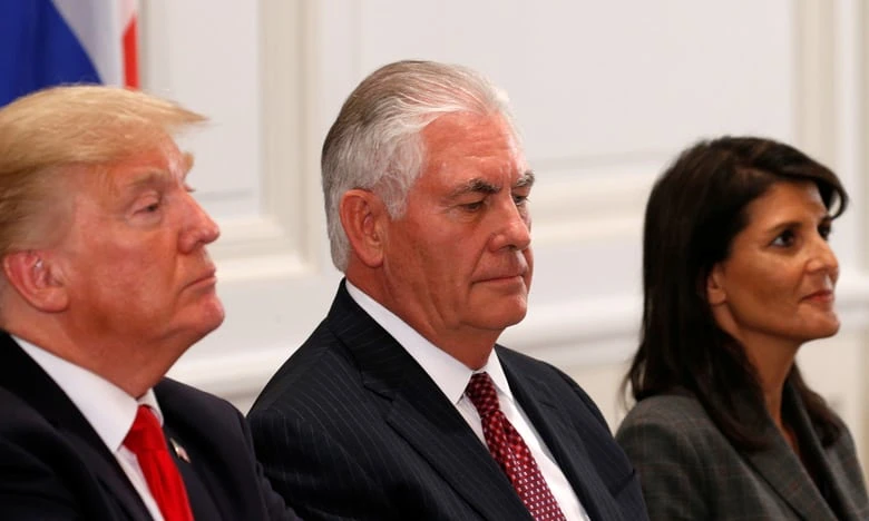 (Từ trái qua): Tổng thống Trump, Ngoại trưởng Tillerson, đại sứ Haley tại LHQ ngày 18-9. Ảnh: REUTERS