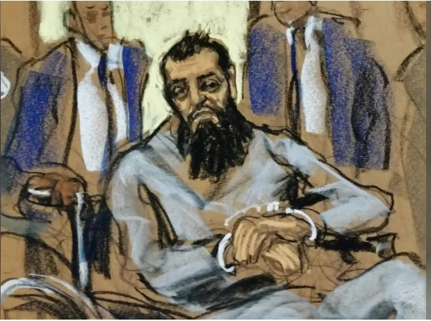 Ảnh phác họa nghi can khủng bố xe tải Sayfullo Saipov ngồi xe lăn tại tòa án liên bang Manhattan ở New York (Mỹ) ngày 1-11. Ảnh: REUTERS