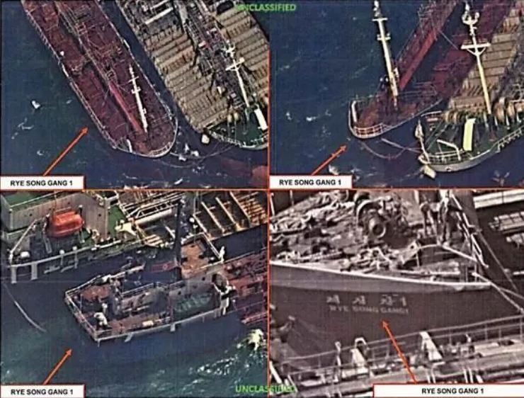 Hình ảnh cho thấy tàu Rye Song Gang 1 của Triều Tiên đang thực hiện chuyển hàng từ tàu sang tàu, khả năng hàng là dầu ngày 19-10-2017. Ảnh: Văn phòng Kiểm soát tài sản nước ngoài (Mỹ) cung cấp cho REUTERS