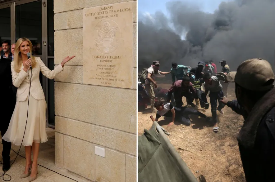 Trái: Cố vấn Nhà Trắng, con gái Tổng thống Trump, cô Ivanka Trump là người dỡ tấm biển ghi công trước đại sứ quán Mỹ ở Jerusalem. Phải: Người Palestine bị thương trong cuộc biểu tình phản đối Israel và Mỹ tại biên giới Dải Gaza-Israel ngày 14-5. Ảnh: REUTERS