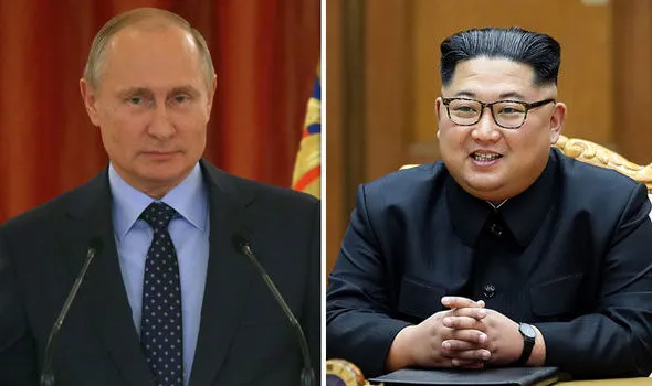 Tổng thống Nga Vladimir Putin (trái) mời lãnh đạo Triều Tiên Kim Jong-un (phải) sang thăm Nga vào tháng 9 tới. Ảnh: EXPRESS