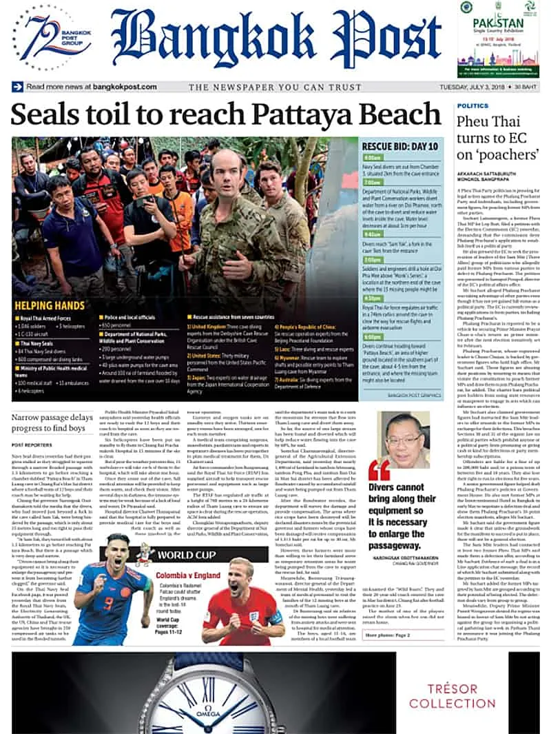 Tờ BANGKOK POST sáng nay 3-7, không có thông tin về diễn biến các thợ lặn đã tìm thấy đội bóng nhí còn sống.