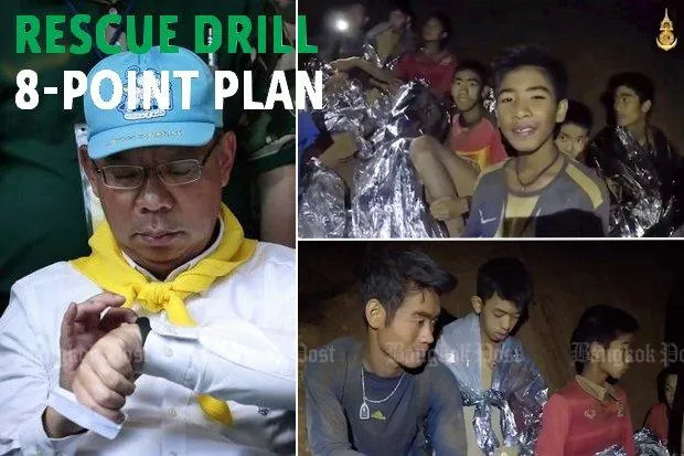 Tỉnh trưởng tỉnh Chiang Rai, ông Narongsak Osotthanakorn nhìn đồng hồ trước cuộc họp báo ngày 4-7 (phải). Các cậu bé trong đội bóng nhí (trên), huấn luyện viên đội bóng (dưới). Ảnh: BANGKOK POST