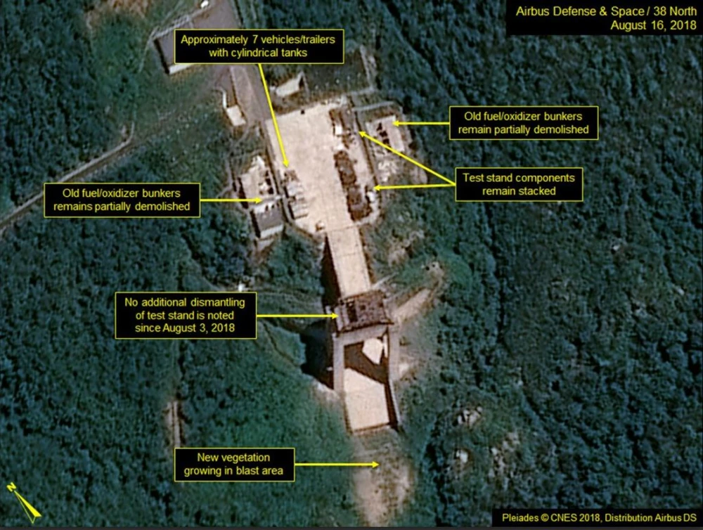 Hình ảnh vệ tinh trên 38 North cho thấy Triều Tiên “không có hoạt động xóa bỏ nào đáng kể” tại Trạm phóng vệ tinh Sohae từ ngày 3-8. Ảnh: 38 NORTH