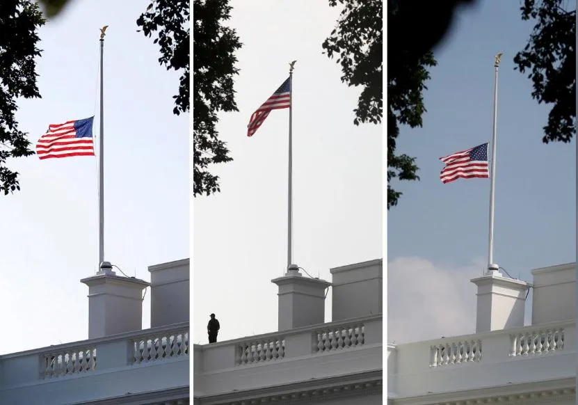 Cờ Nhà Trắng hạ thấp một nửa sáng 26-8 tưởng niệm nghị sĩ McCain (trái), được nâng cao lên lại vào sáng 27-8 (giữa), và sau đó được hạ thấp xuống lại chiều 27-8 (phải). Ảnh: REUTERS