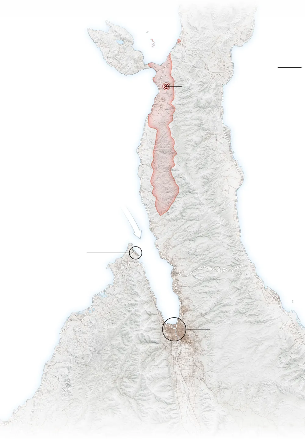 Palu (vòng tròn lớn), Donggala (vòng tròn nhỏ), tâm chấn động đất (vòng tròn màu đỏ). Ảnh: USGS