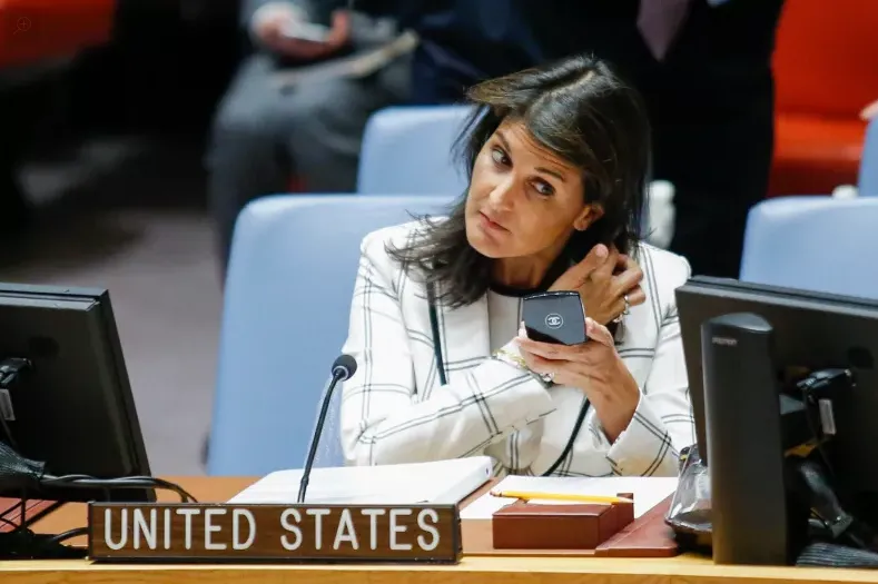 Đại sứ Mỹ tại LHQ Nikki Haley trong một cuộc họp của LHQ. Ảnh: AFP