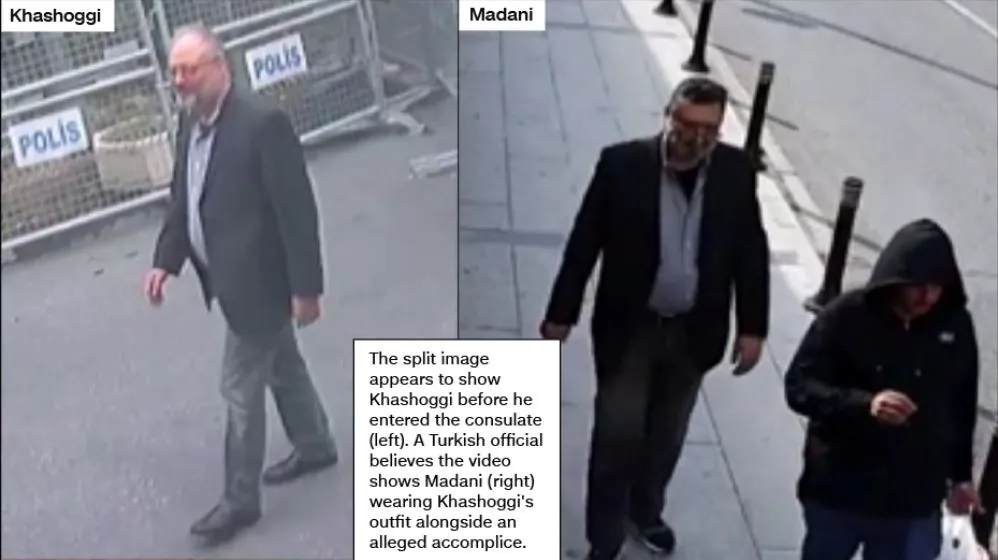 Bên trái: nhà báo Khashoggi trước khi bước vào lãnh sự quán Saudi ở Istanbul (Thổ Nhĩ Kỳ) ngày 2-10. Bên phải: ông Madani trong trang phục của nhà báo Khashoggi trên đường phố Istanbul cùng một đồng sự phía trên. Ảnh: CNN