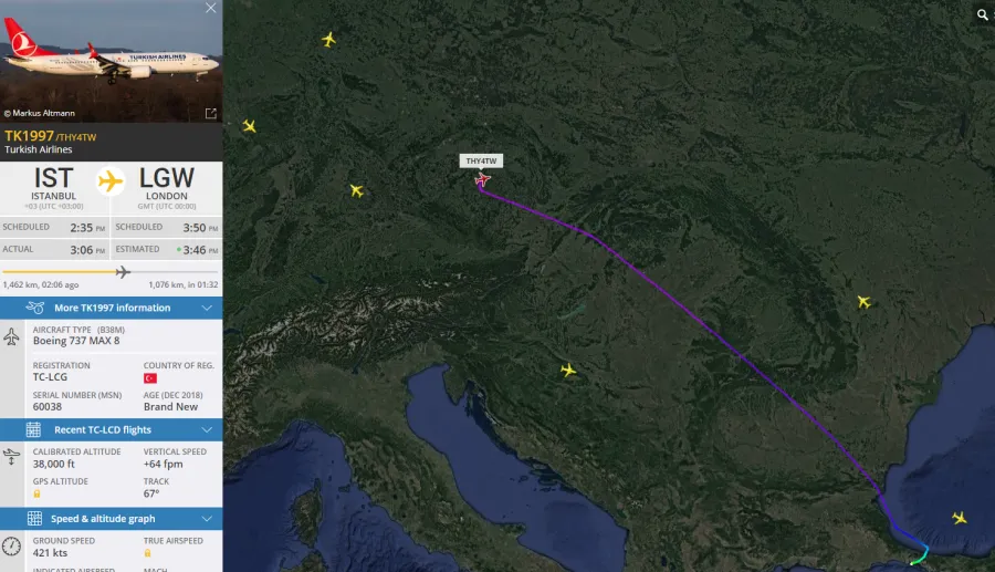 Chuyến bay số hiệu 1997 của hãng Turkish Airlines bay từ Istanbul (Thổ Nhĩ Kỳ) sang London (Anh) phải quay đầu vì lệnh cấm đi vào không phận của Anh. Ảnh: CNN