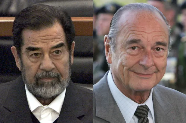 Cố Tổng thống Iraq Saddam Hussein (trái) và Cố Tổng thống Pháp Jacques Chirac (phải). Ảnh: NEW YORK POST