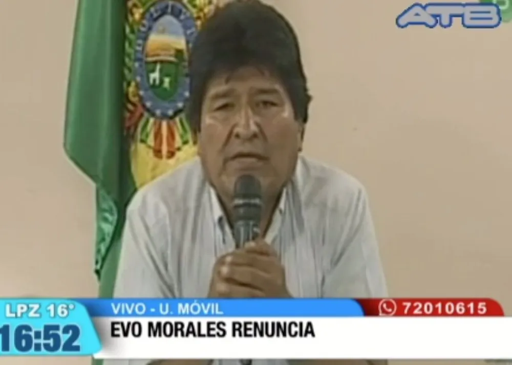 Tổng thống Bolivia Evo Morales tuyên bố từ chức trên truyền hình. Ảnh: TWITTER