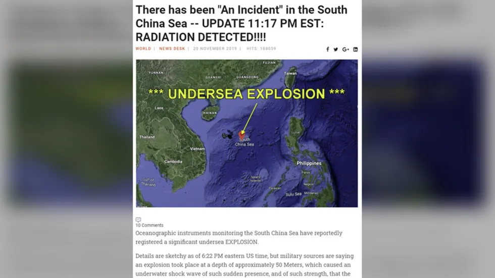 Ảnh chụp màn hình trang web của Hal Turner Radio Show đưa thông tin về “vụ nổ hạt nhân dưới biển Đông”. Ảnh: RT