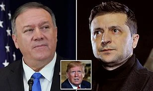 Ngoại trưởng Mỹ Mike Pompeo (trái) sẽ sang Ukraine gặp Tổng thống Volodymyr Zelensky (phải) giữa bối cảnh luận tội Tổng thống Mỹ Donald Trump (giữa). Ảnh: AFP