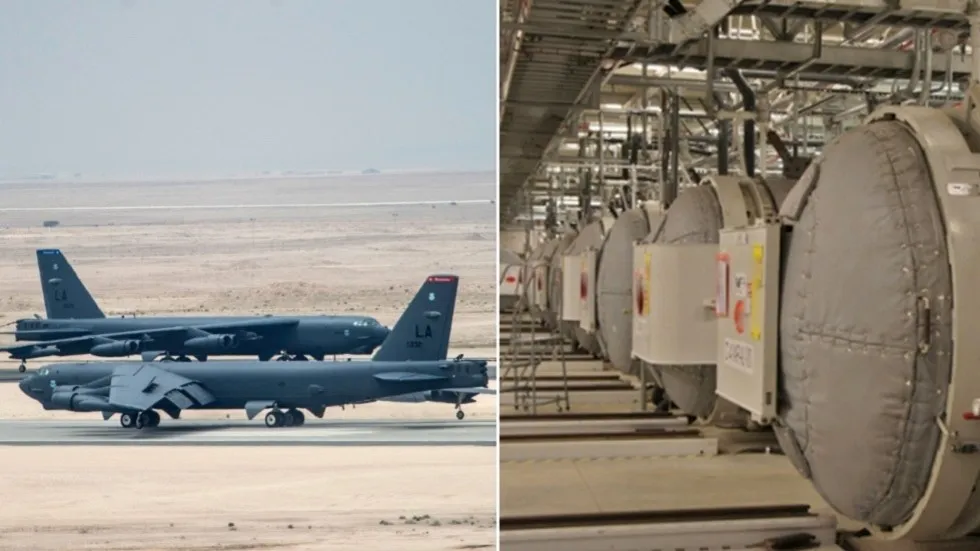 Hai mục tiêu tiềm năng của Iran và Mỹ: Máy bay ném bom B-52 của Không quân Mỹ tại căn cứ không quân Al Udeid ở Qatar (trái) và cơ sở sản xuất uranium Fordow ở tỉnh Qom (Iran). Ảnh: REUTERS và AFP