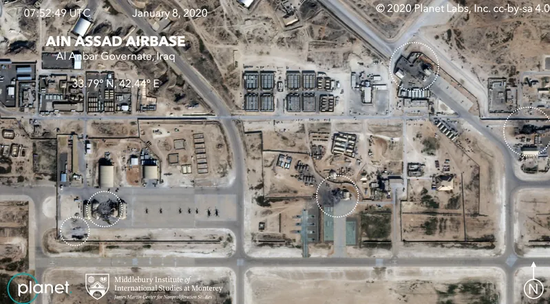 Ảnh vệ tinh cho thấy có ít nhất 5 khu hạ tầng ở căn cứ Ayn al-Asad bị hư hại sau khi Iran nã tên lửa. Ảnh: PLANET