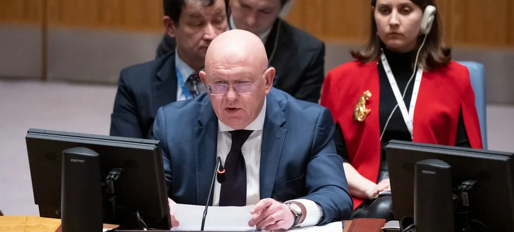 Đại sứ Nga tại LHQ Vassily Nebenzia tại cuộc họp. Ảnh: LIÊN HỢP QUỐC image1170x530cropped (2).jpg